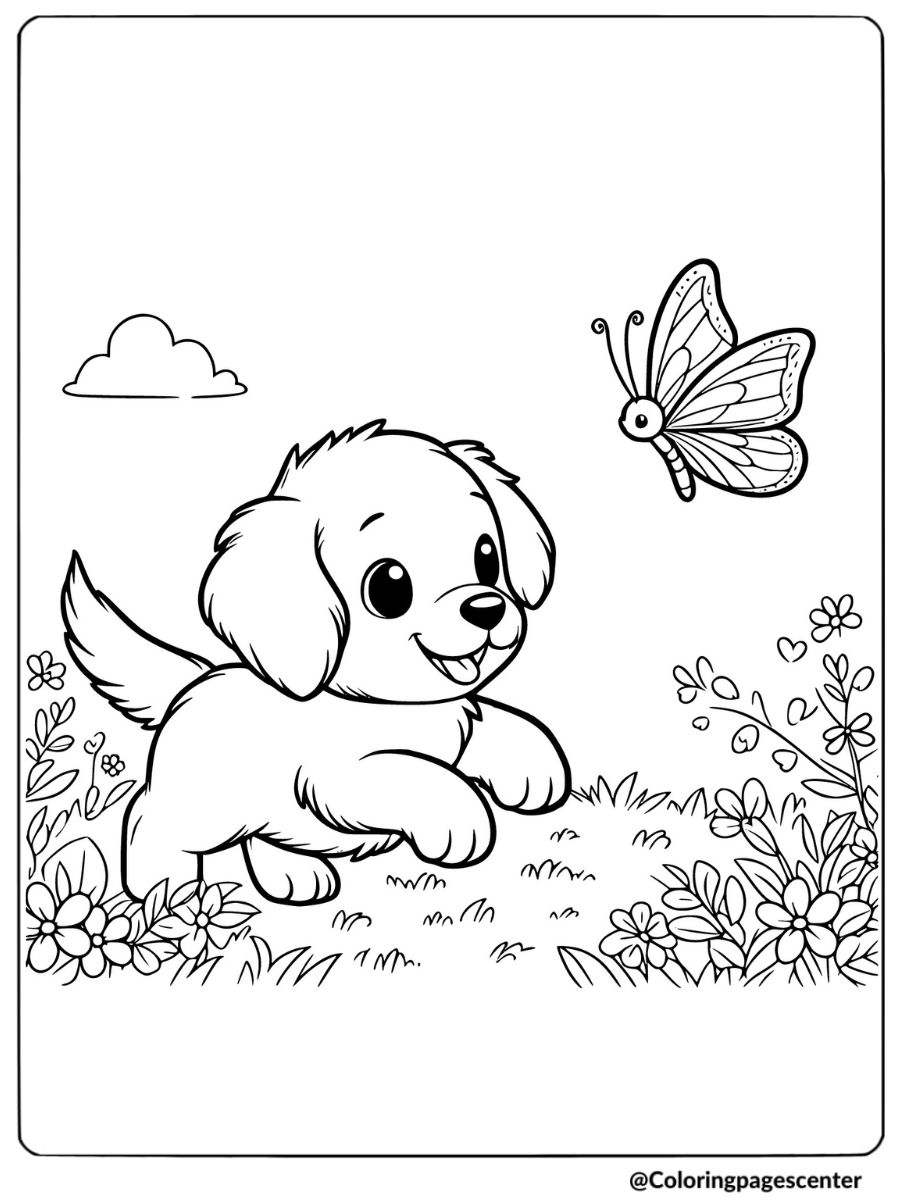 Happy puppy chasing a butterfly in a garden coloring page