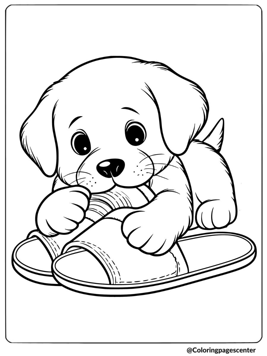 Puppy playing with a slipper on the floor coloring page