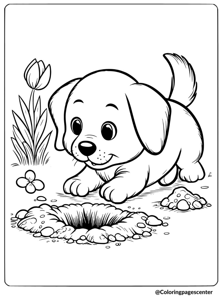 Puppy digging a hole in the garden near flowers coloring page