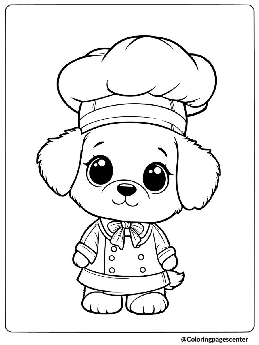 Puppy dressed as a chef, looking ready to cook coloring page