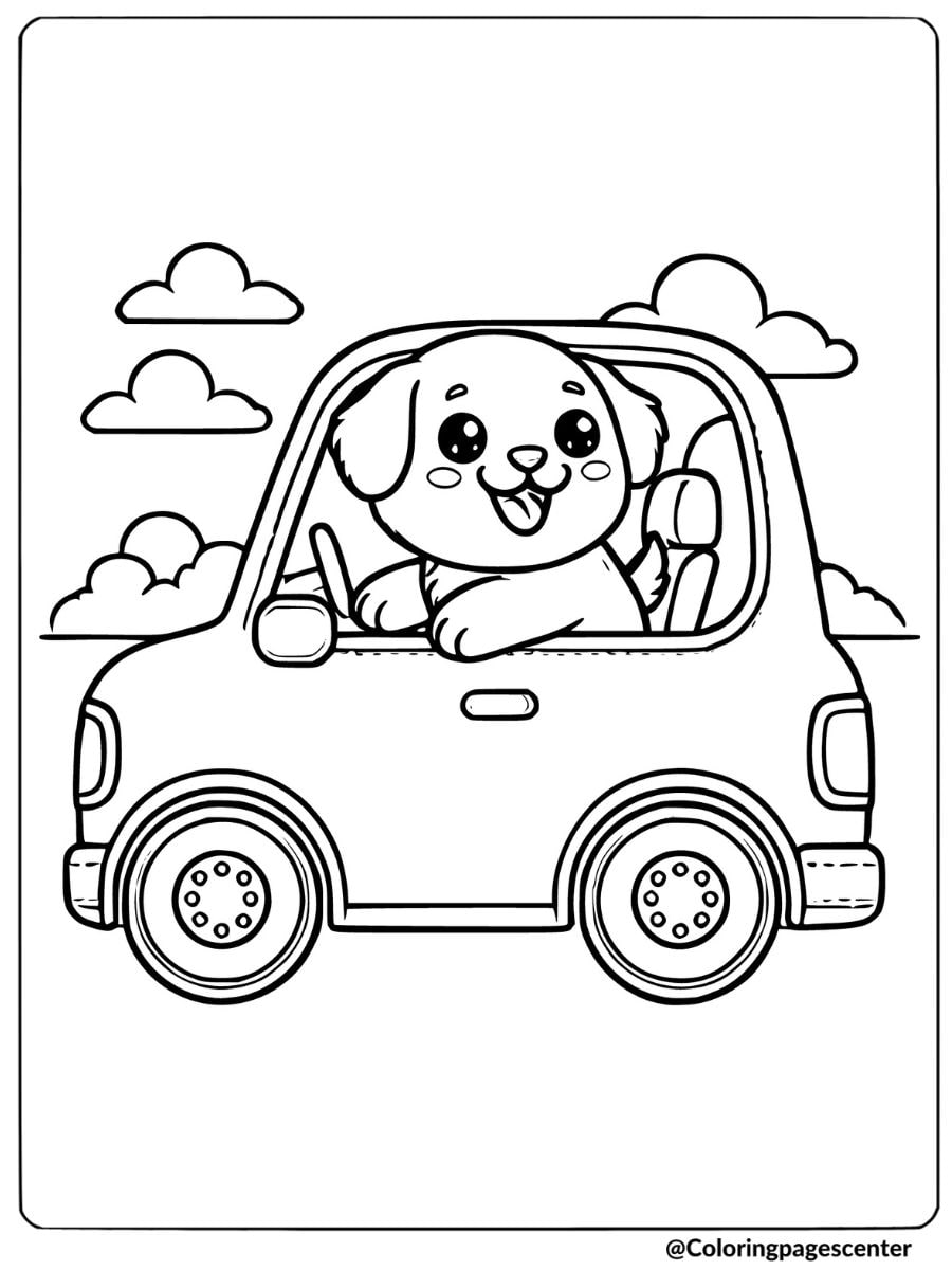 Happy puppy driving a small car with clouds in the background coloring page