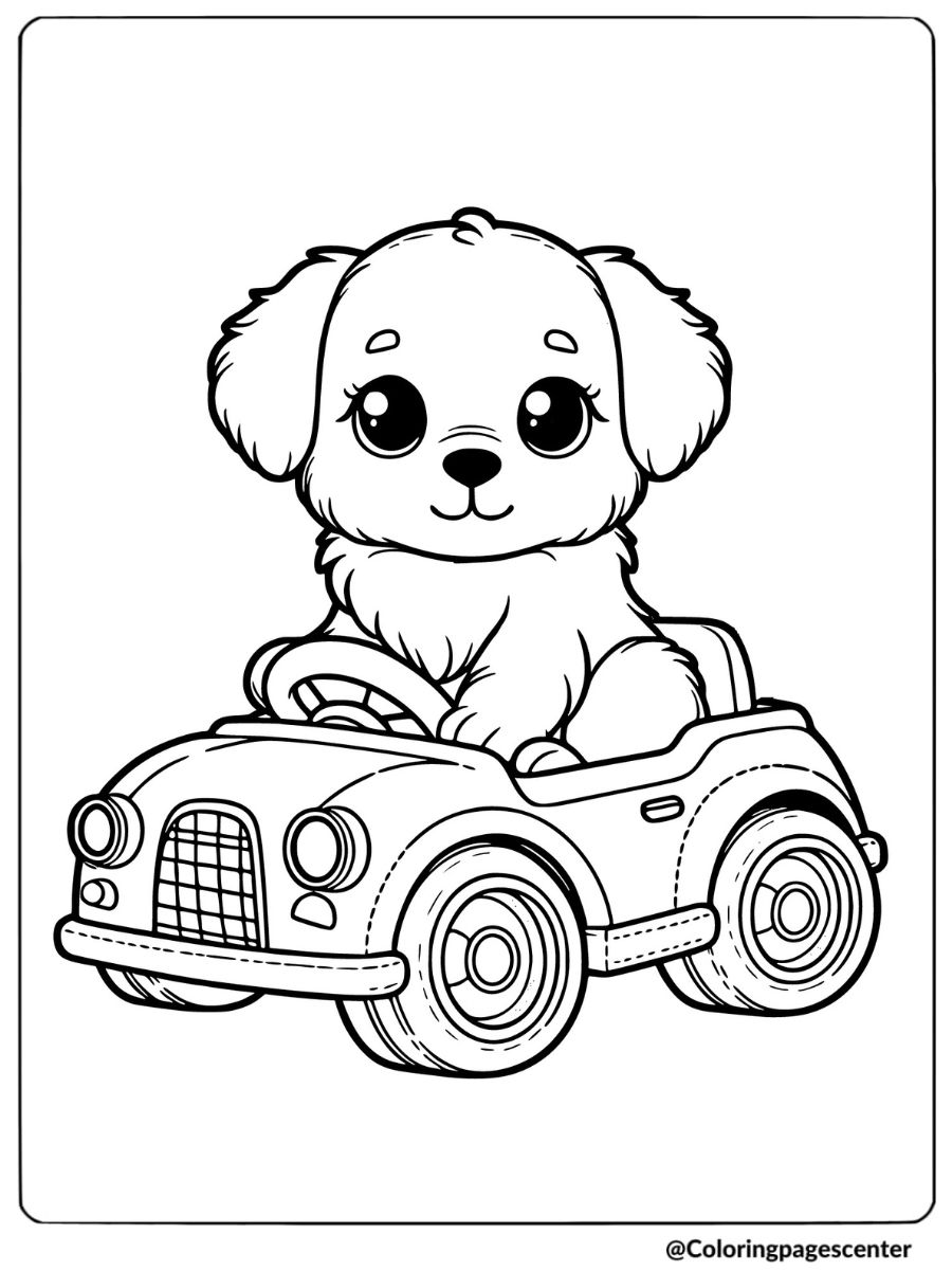 Puppy driving a small toy car looking cute coloring page