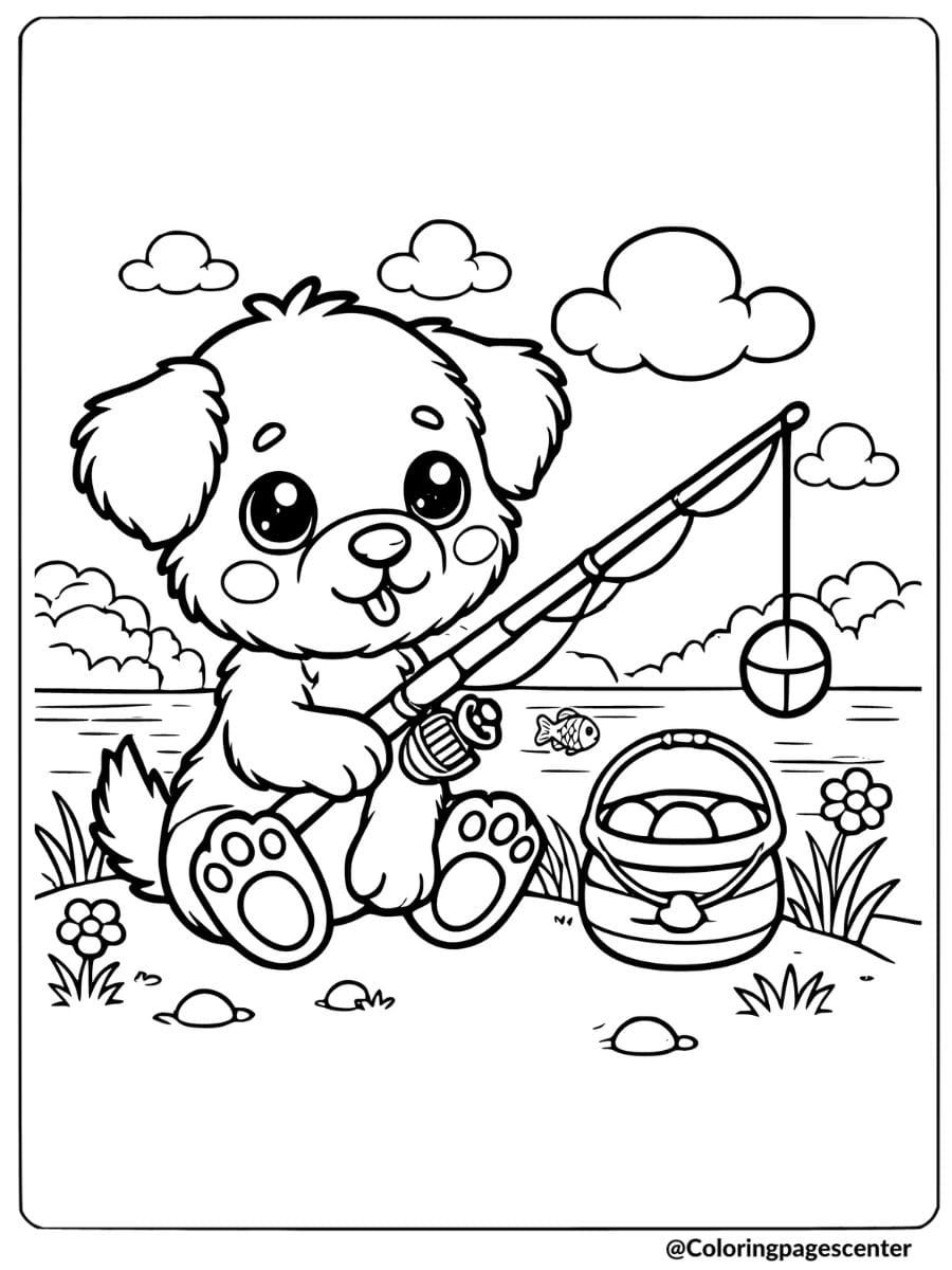 Cute puppy fishing by the lake with a fishing rod and bucket coloring page