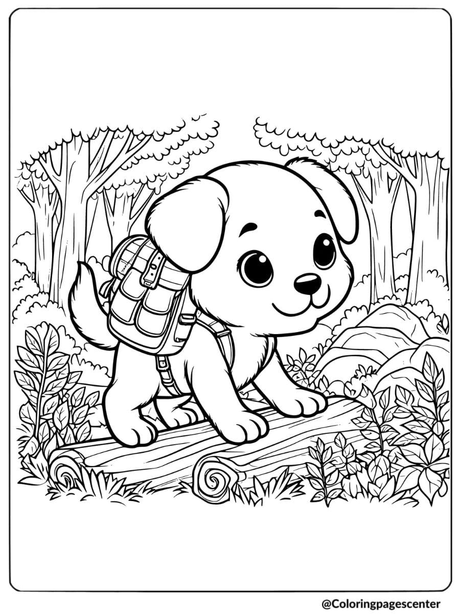 Cute puppy with backpack in the woods coloring page