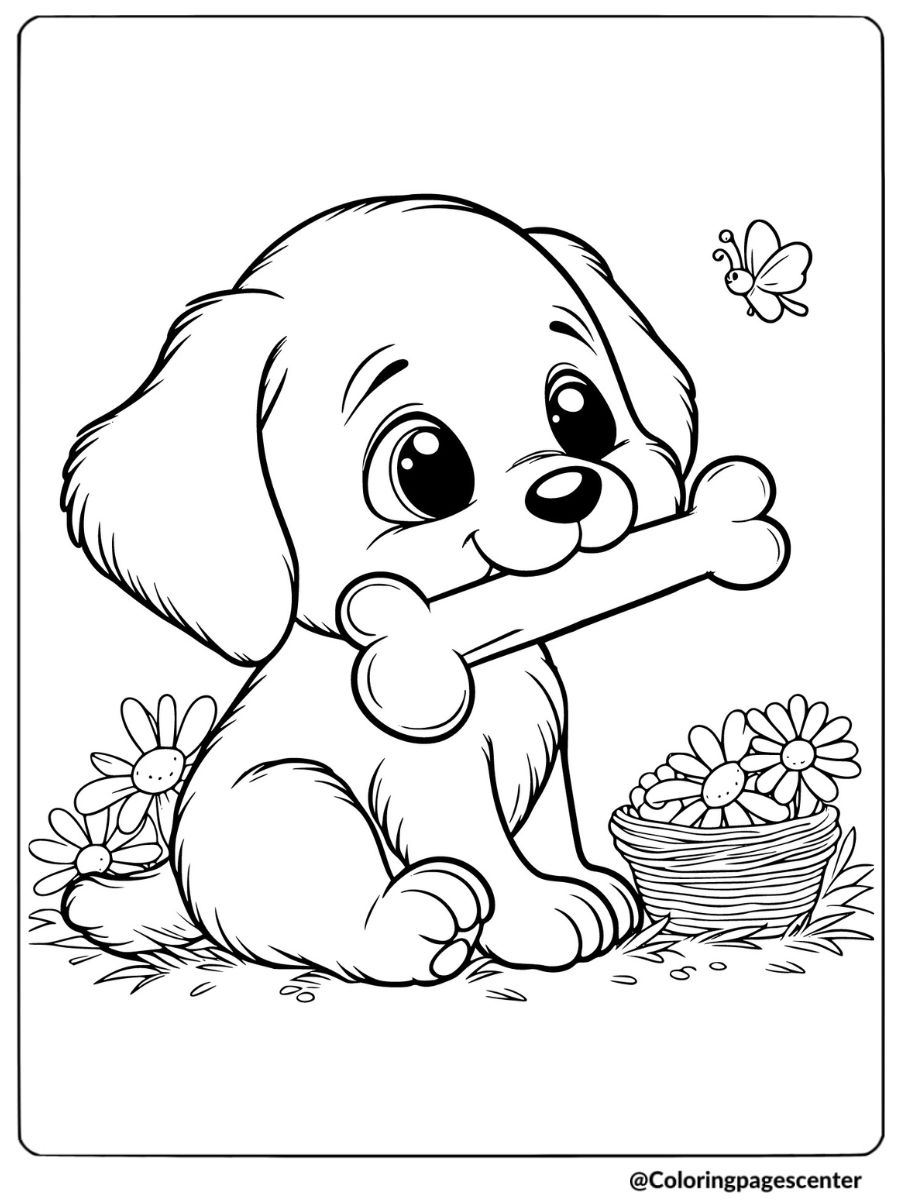 Puppy with a bone and flowers coloring page