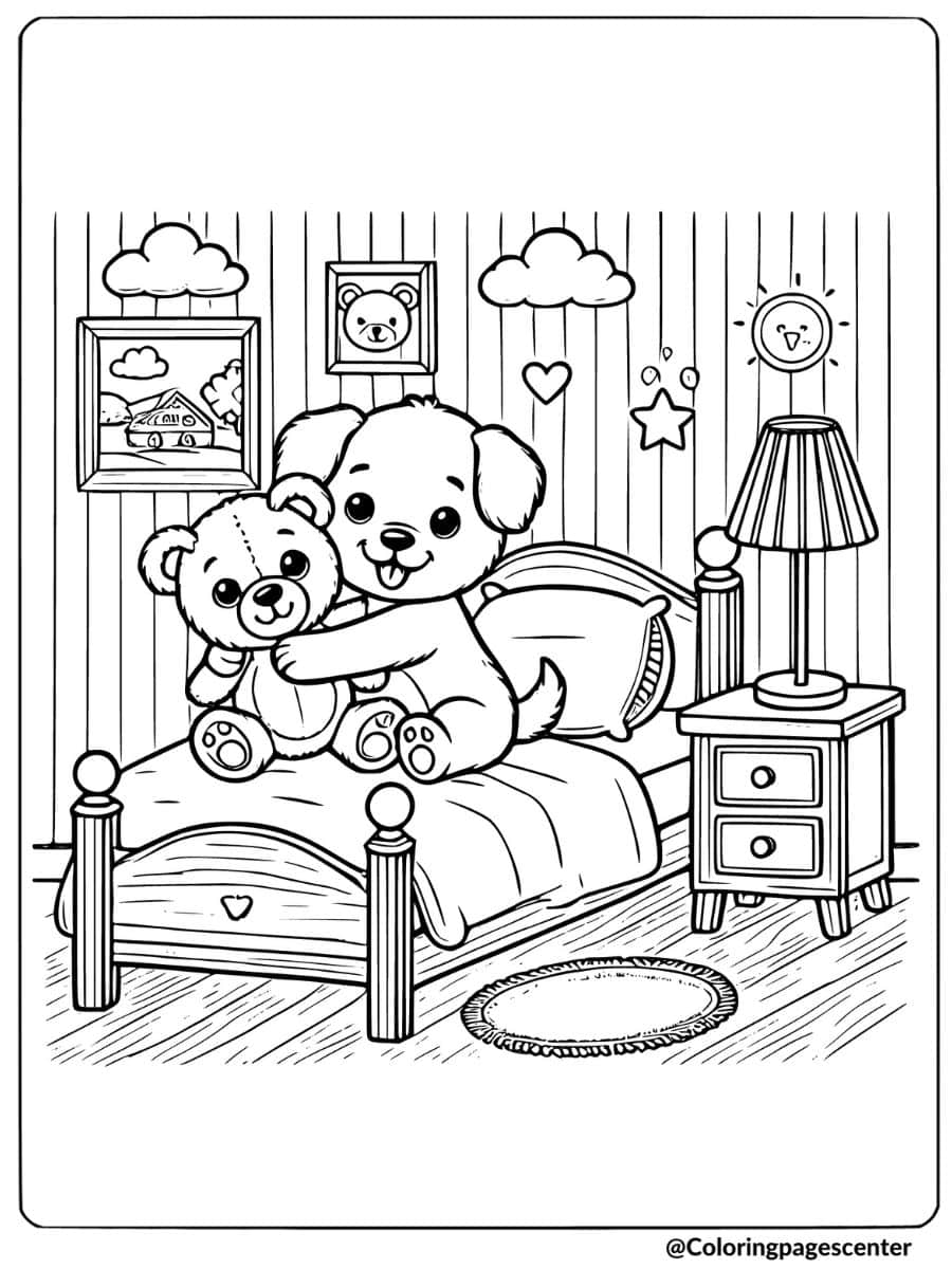 Puppy sitting on a bed and hugging a teddy bear coloring page