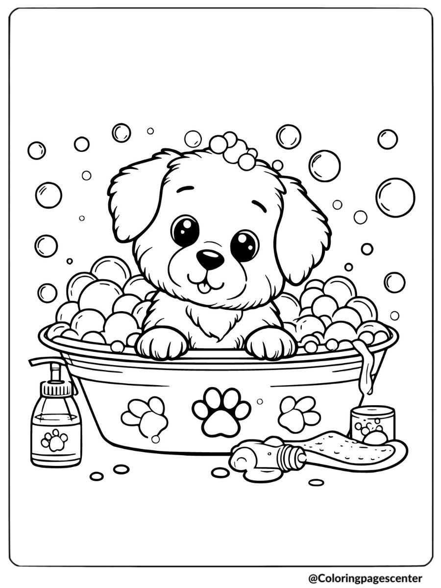 Puppy in a tub full of bubbles during bath time coloring page