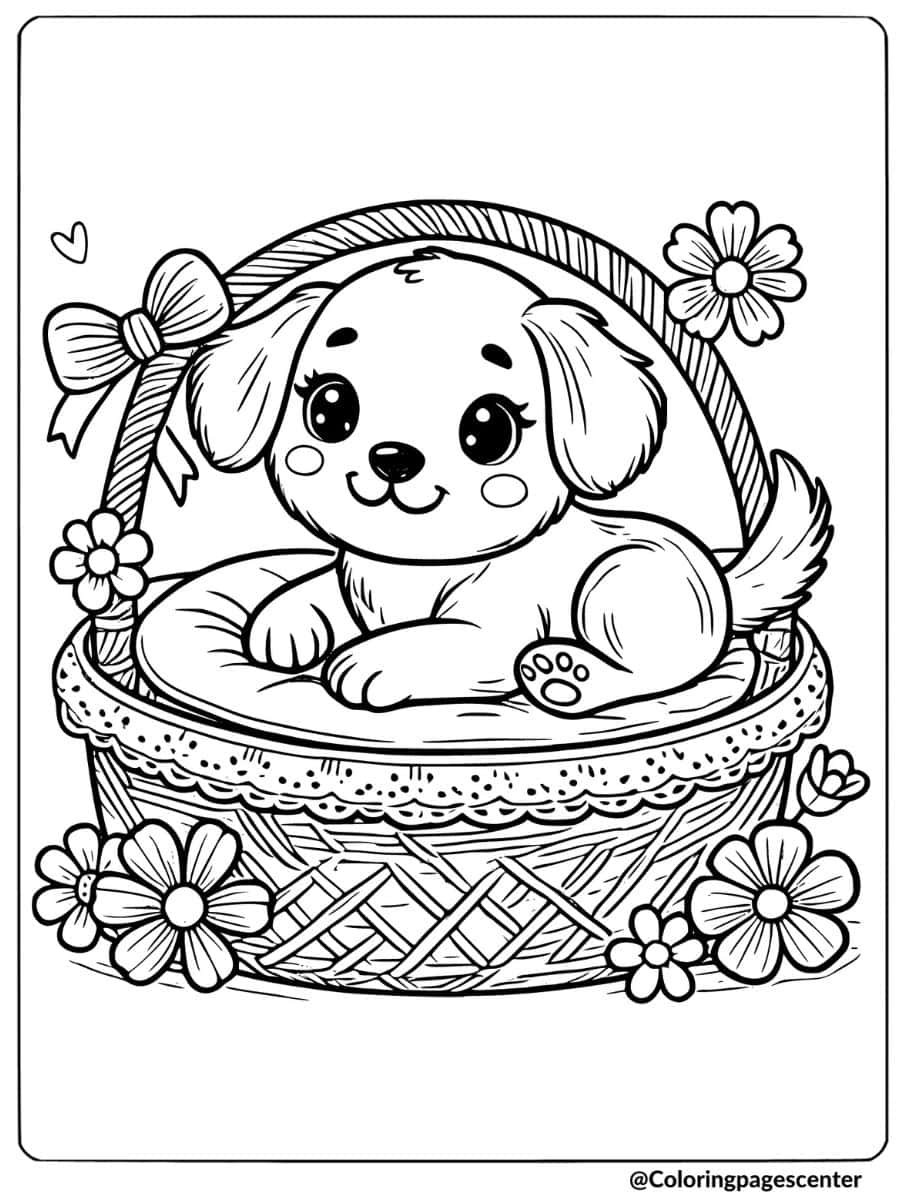 Cute puppy lying in a decorated flower basket coloring page