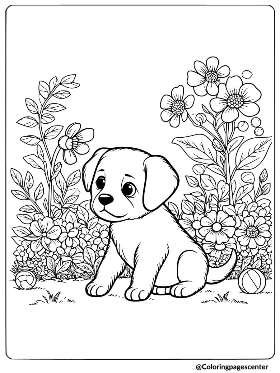 Puppy sitting in a beautiful flower garden coloring page