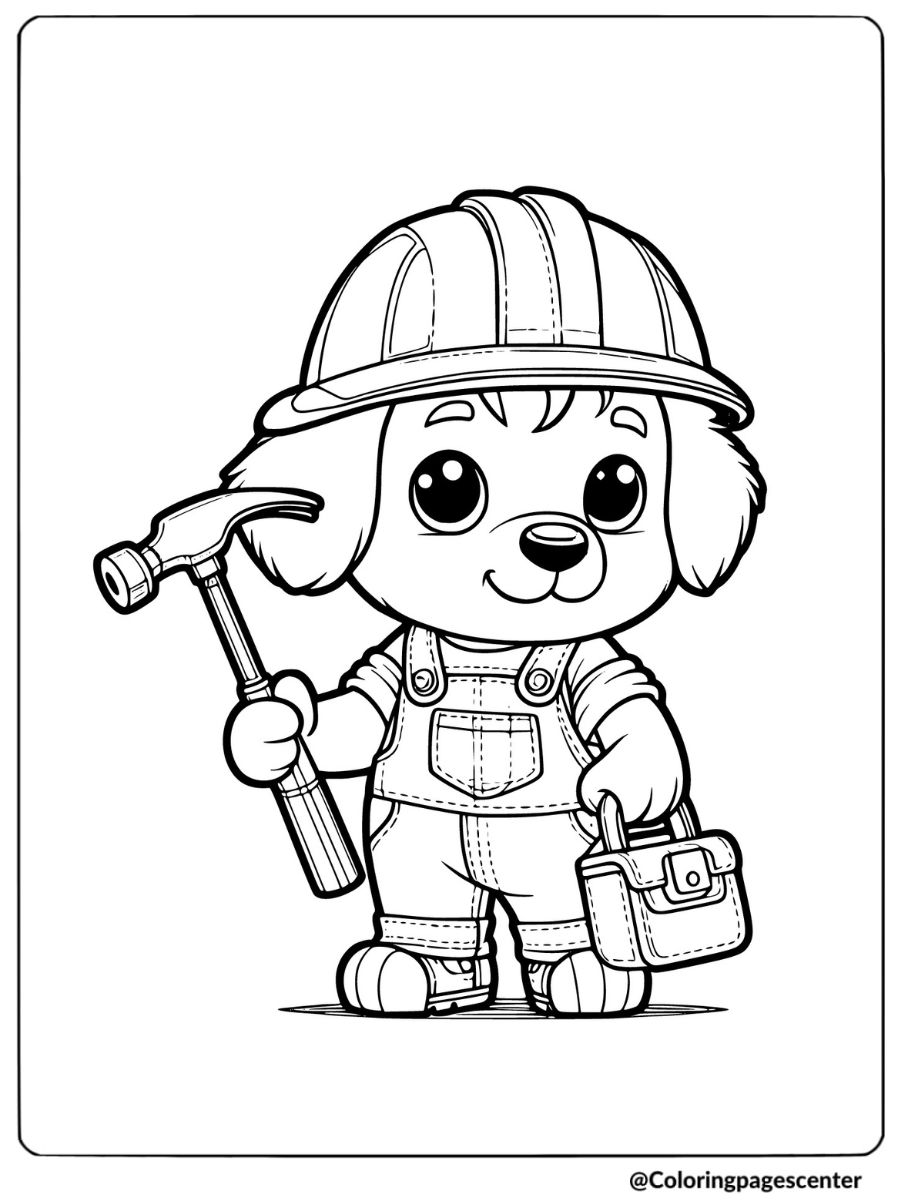 Puppy with hammer in a construction outfit coloring page