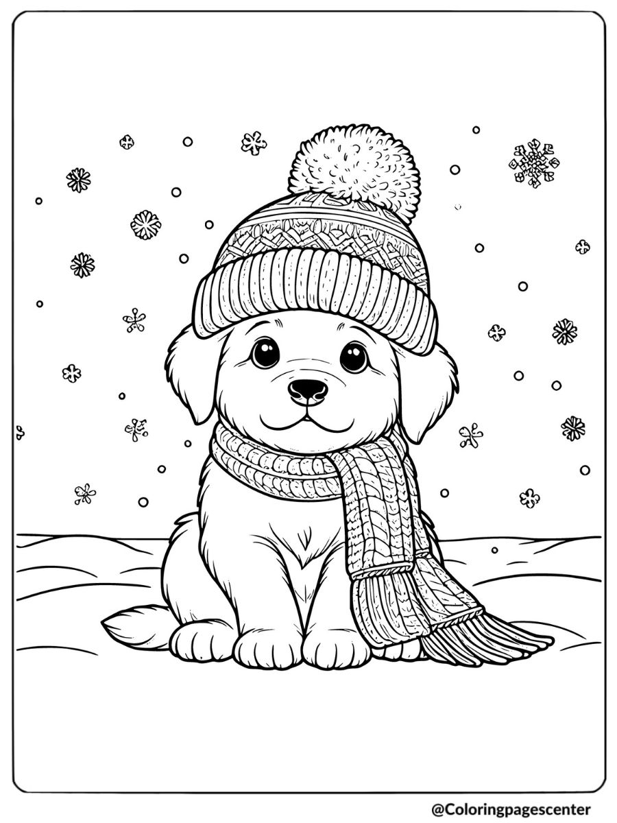 Puppy wearing a winter hat and scarf in snow coloring page