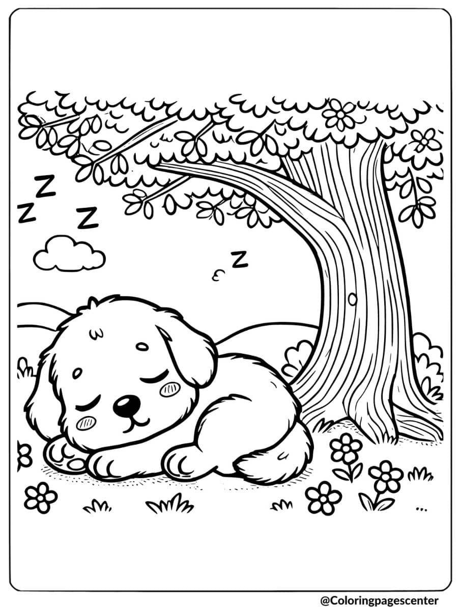 Puppy taking a nap under a tree in a peaceful garden coloring page