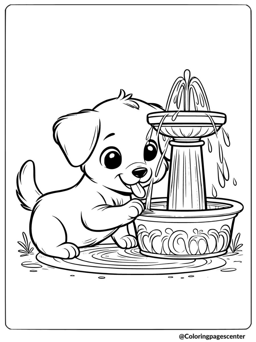 Puppy playing with water at a fountain coloring page