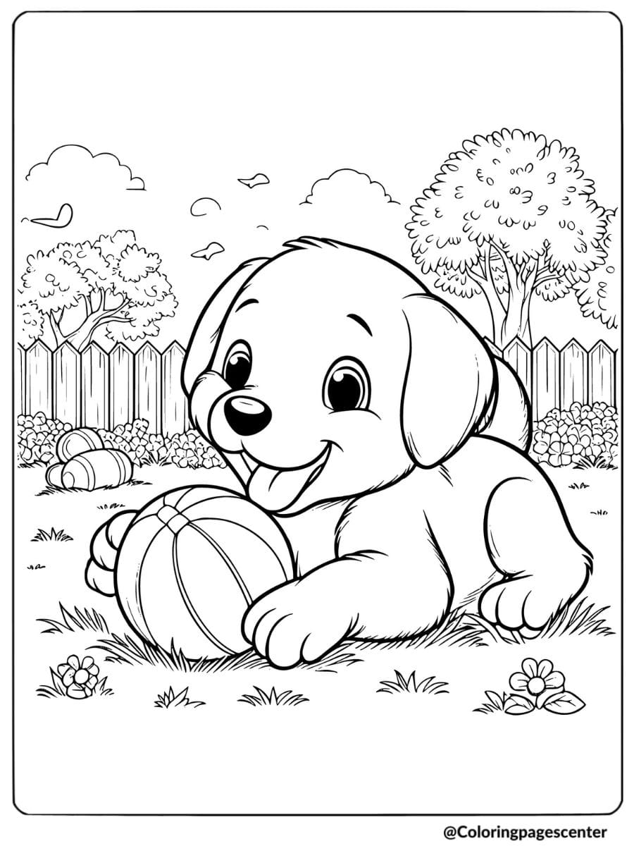 Puppy happily playing with a ball in the yard coloring page