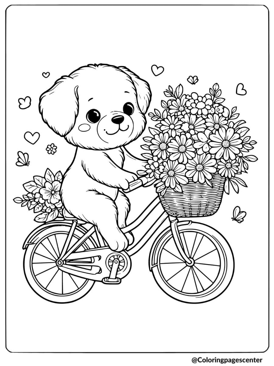 Puppy riding a bike with flowers in basket coloring page