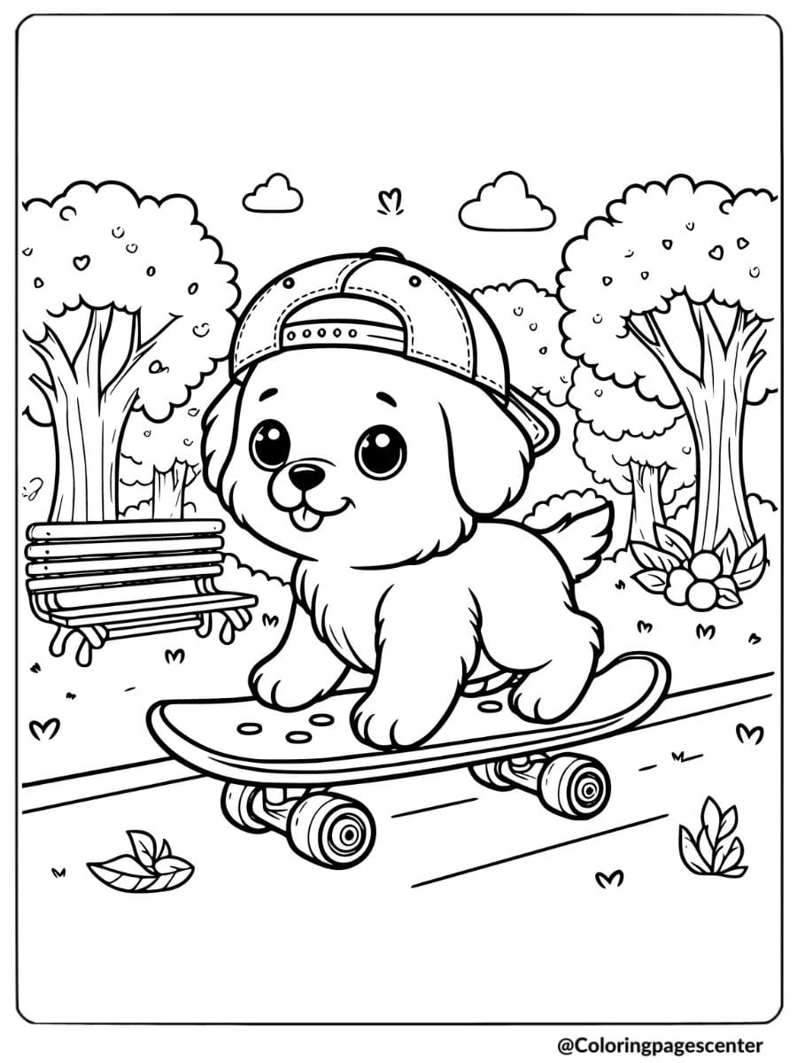 Puppy with a hat riding a skateboard in the park coloring page