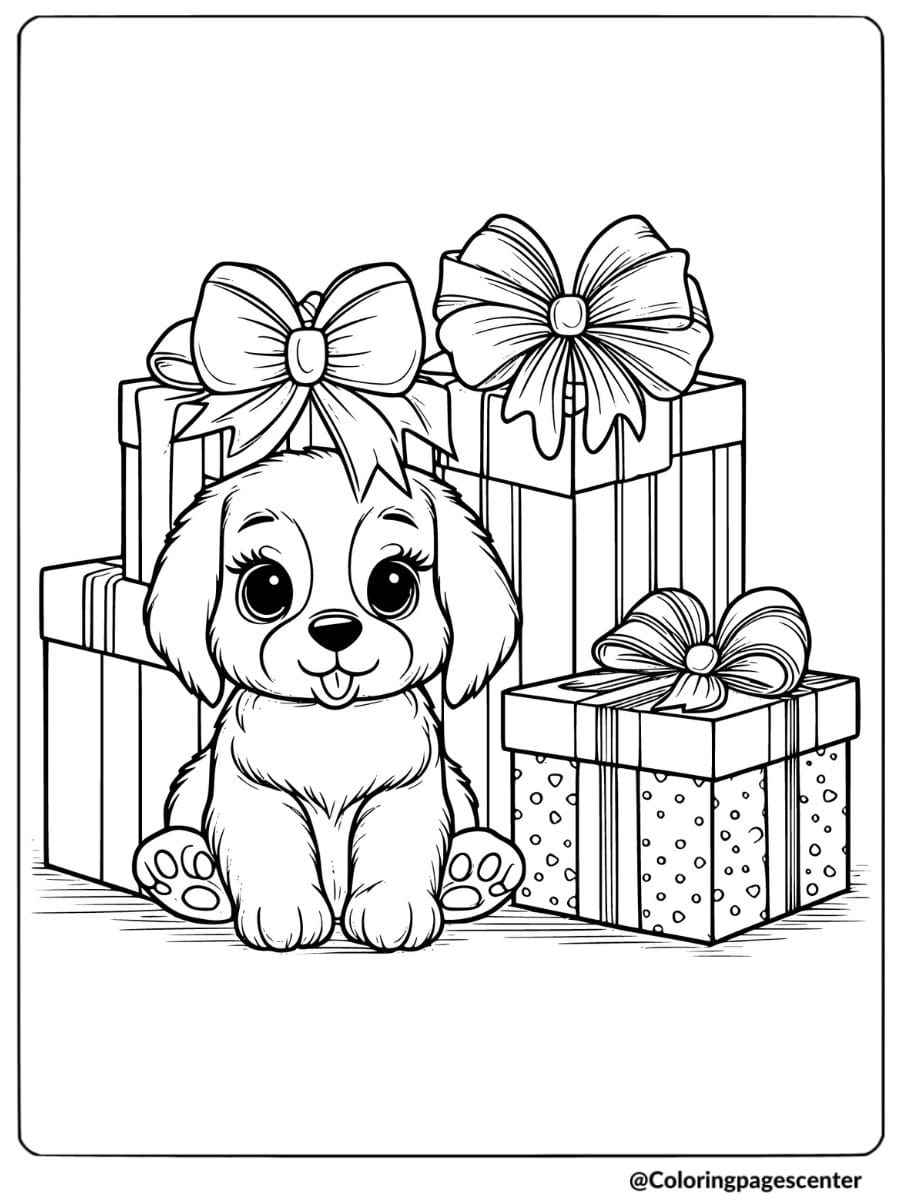 Puppy surrounded by gift boxes with bows coloring page