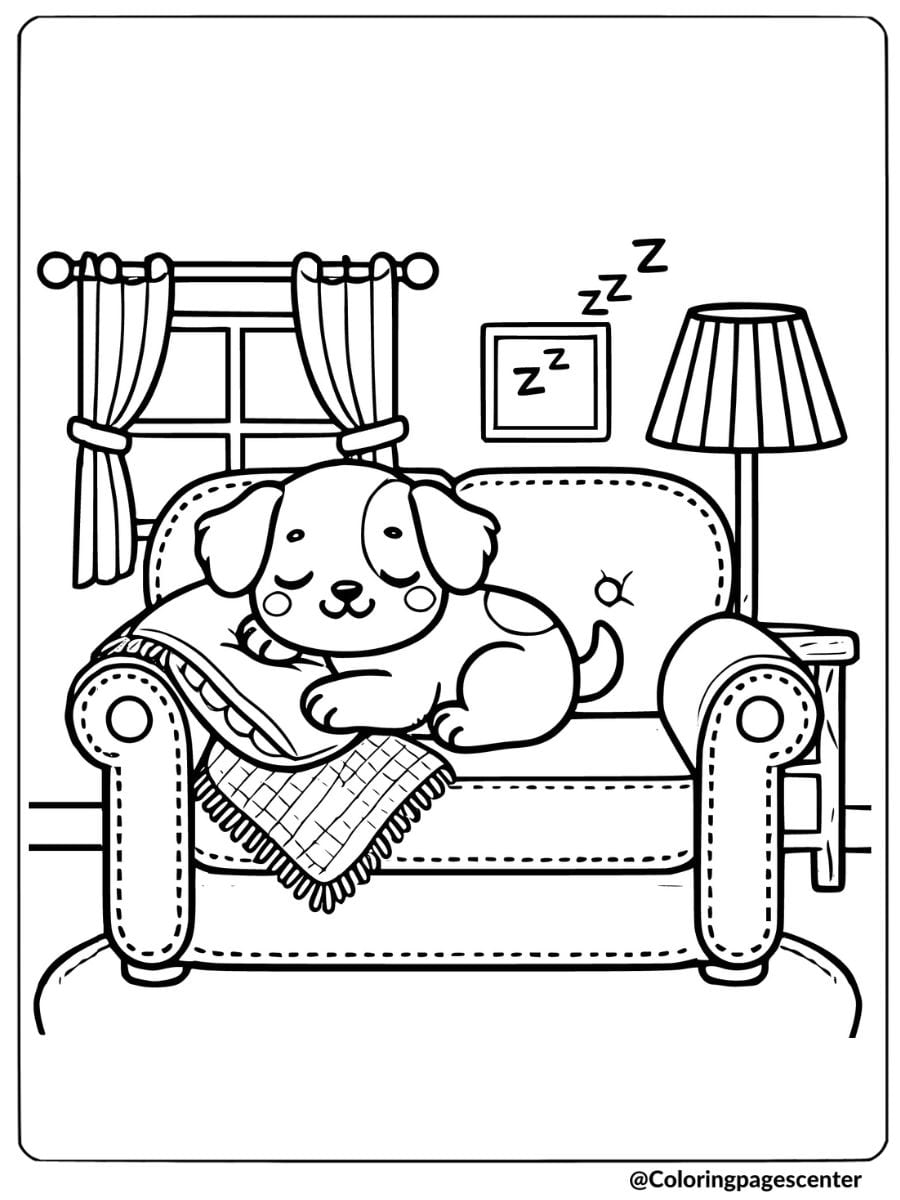 Cute puppy sleeping on a cozy sofa with a blanket coloring page