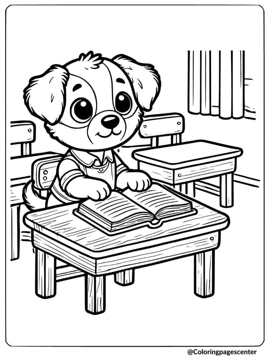 Puppy sitting at a desk and studying in a classroom coloring page