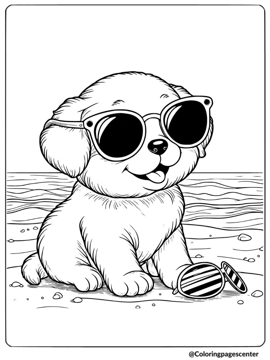 Puppy wearing sunglasses relaxing at the beach coloring page