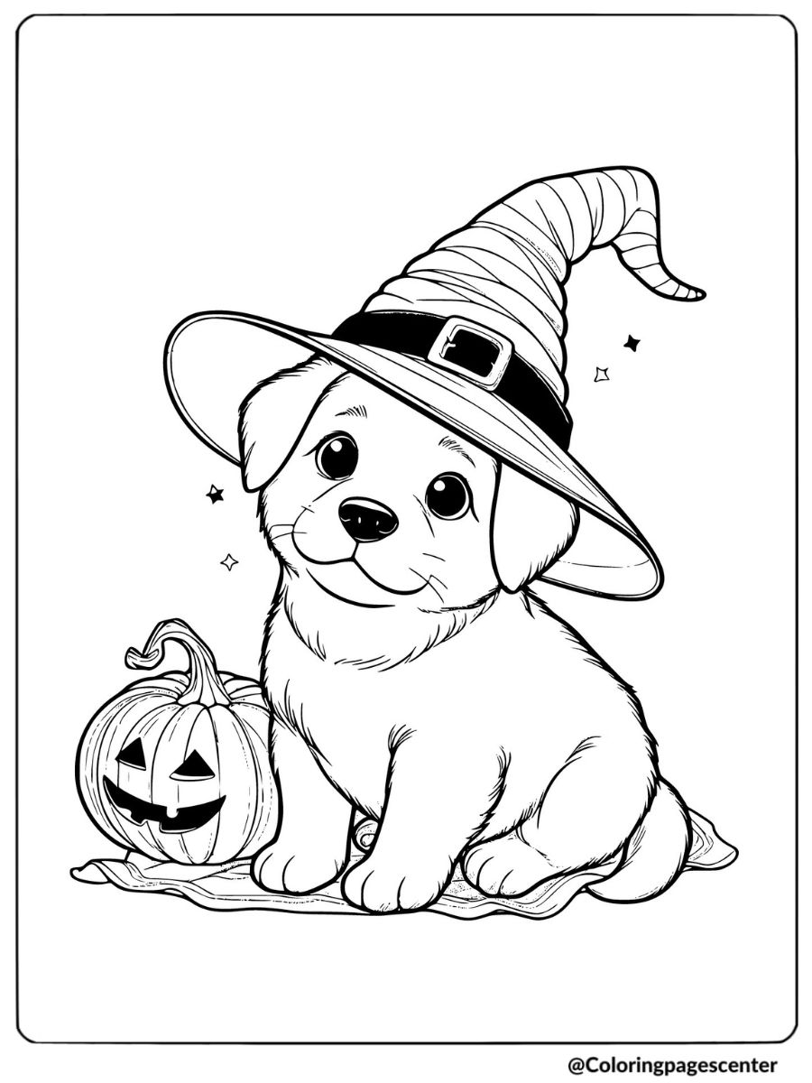 Puppy in witch hat sitting with a pumpkin coloring page