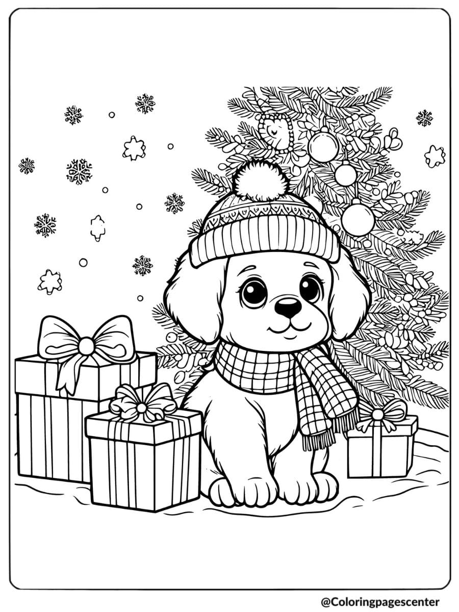 Puppy in winter hat sitting with gifts coloring page