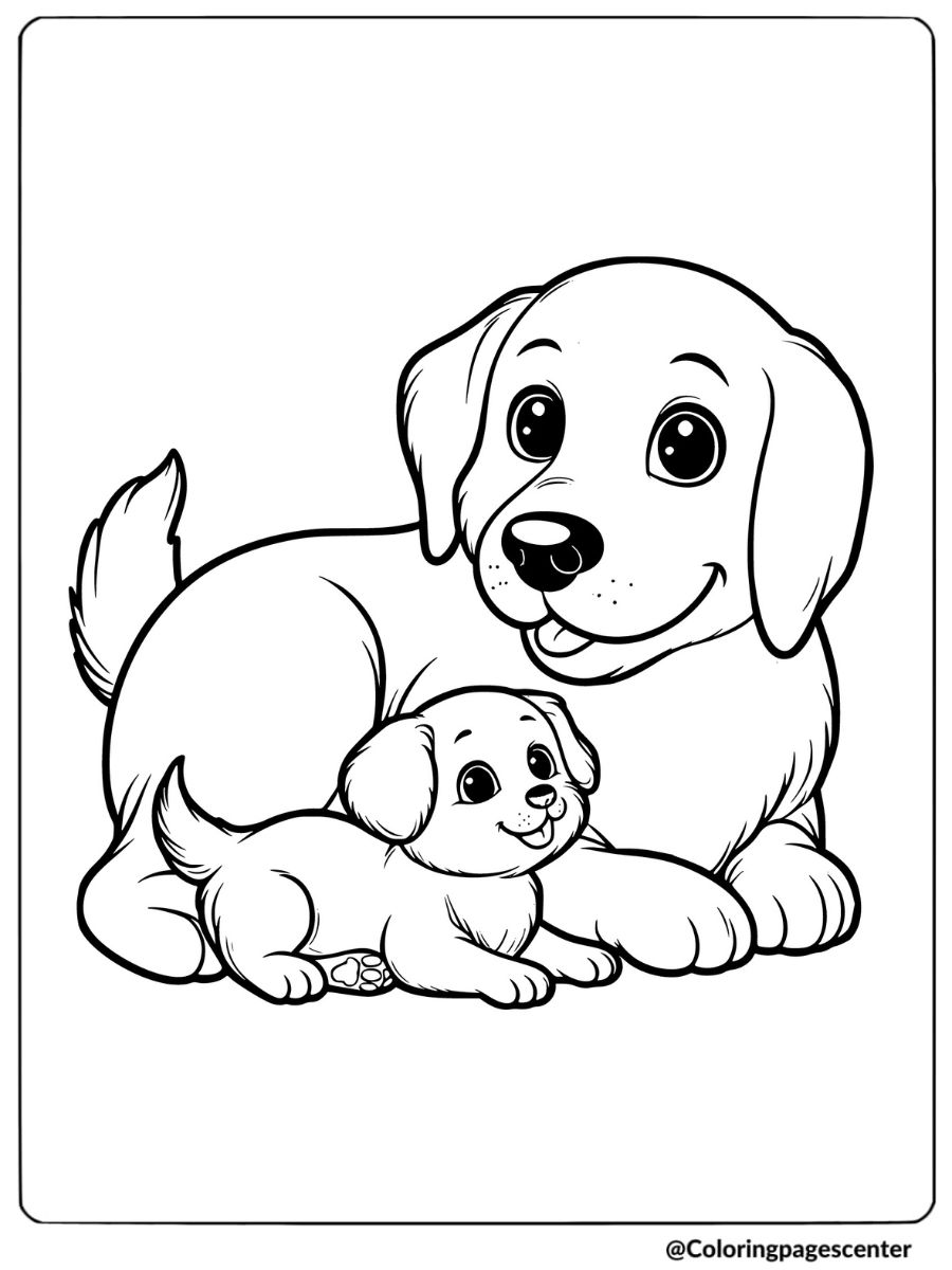 Puppy and mom cuddling on the floor coloring page