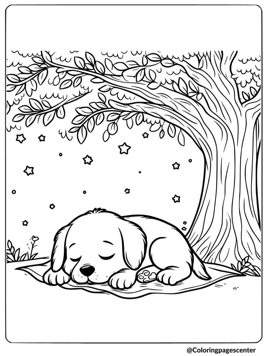 Peaceful puppy sleeping under a tree coloring page