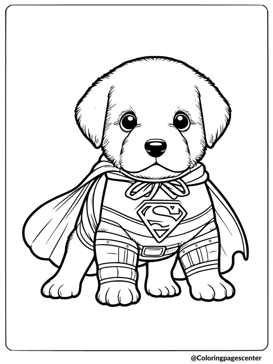 Puppy dressed as a superhero with cape coloring page