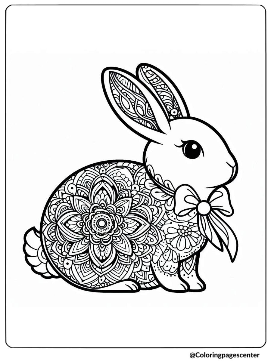 Rabbit with bow and patterns coloring page for adults