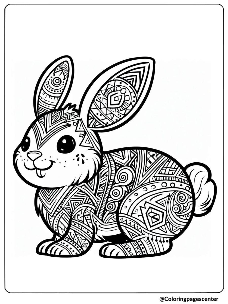 Rabbit with geometric designs coloring page for adults