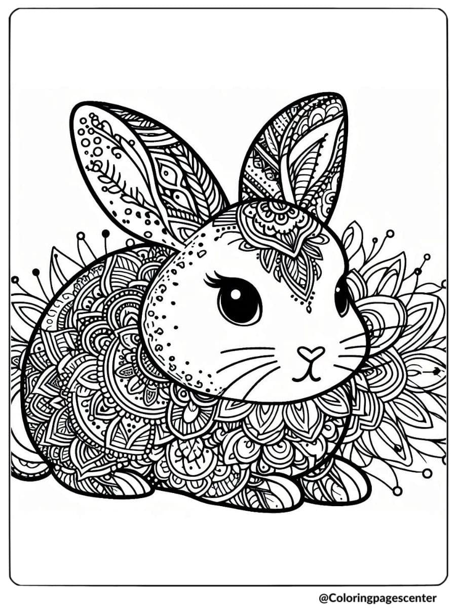 Detailed rabbit with floral patterns coloring page for adults