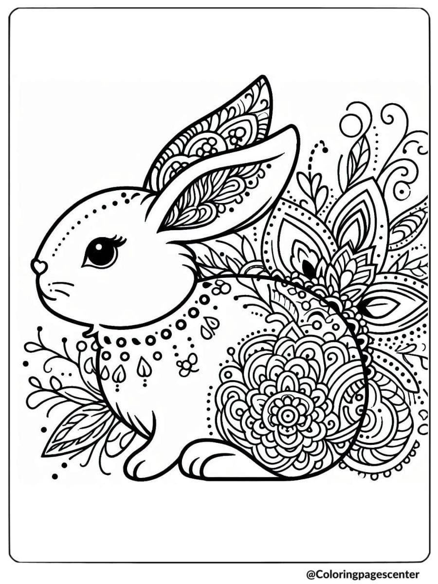 Floral rabbit coloring page for adults with fine details