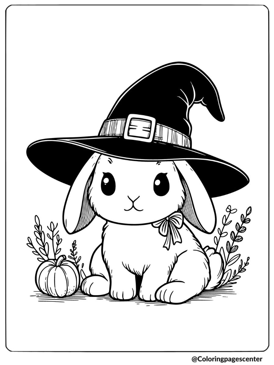 Cute rabbit in a witch hat coloring page