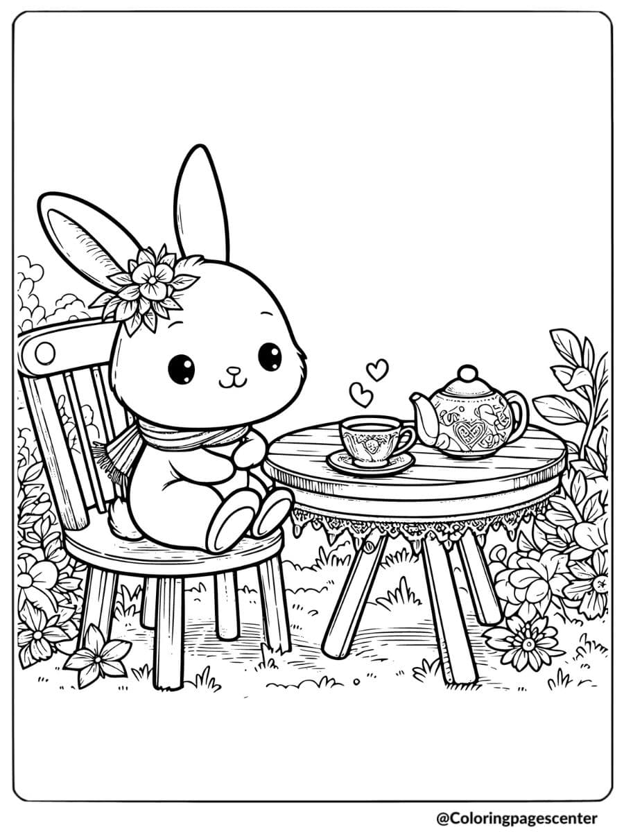 Cute bunny sitting at a table with tea set coloring page