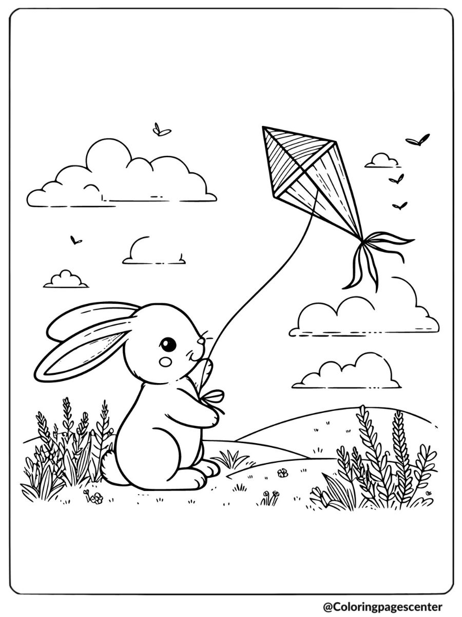 Bunny holding a kite on a sunny day coloring page