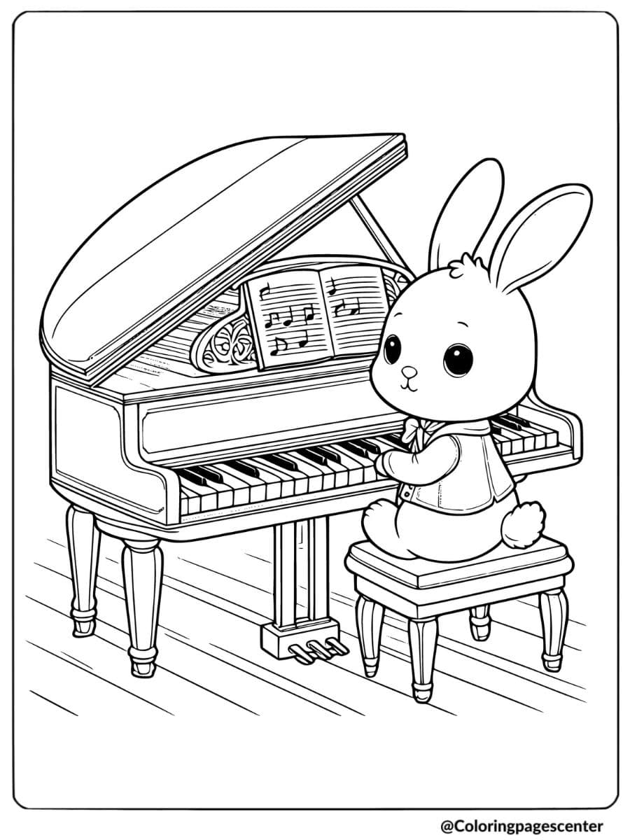 Musical bunny sitting at a grand piano coloring page