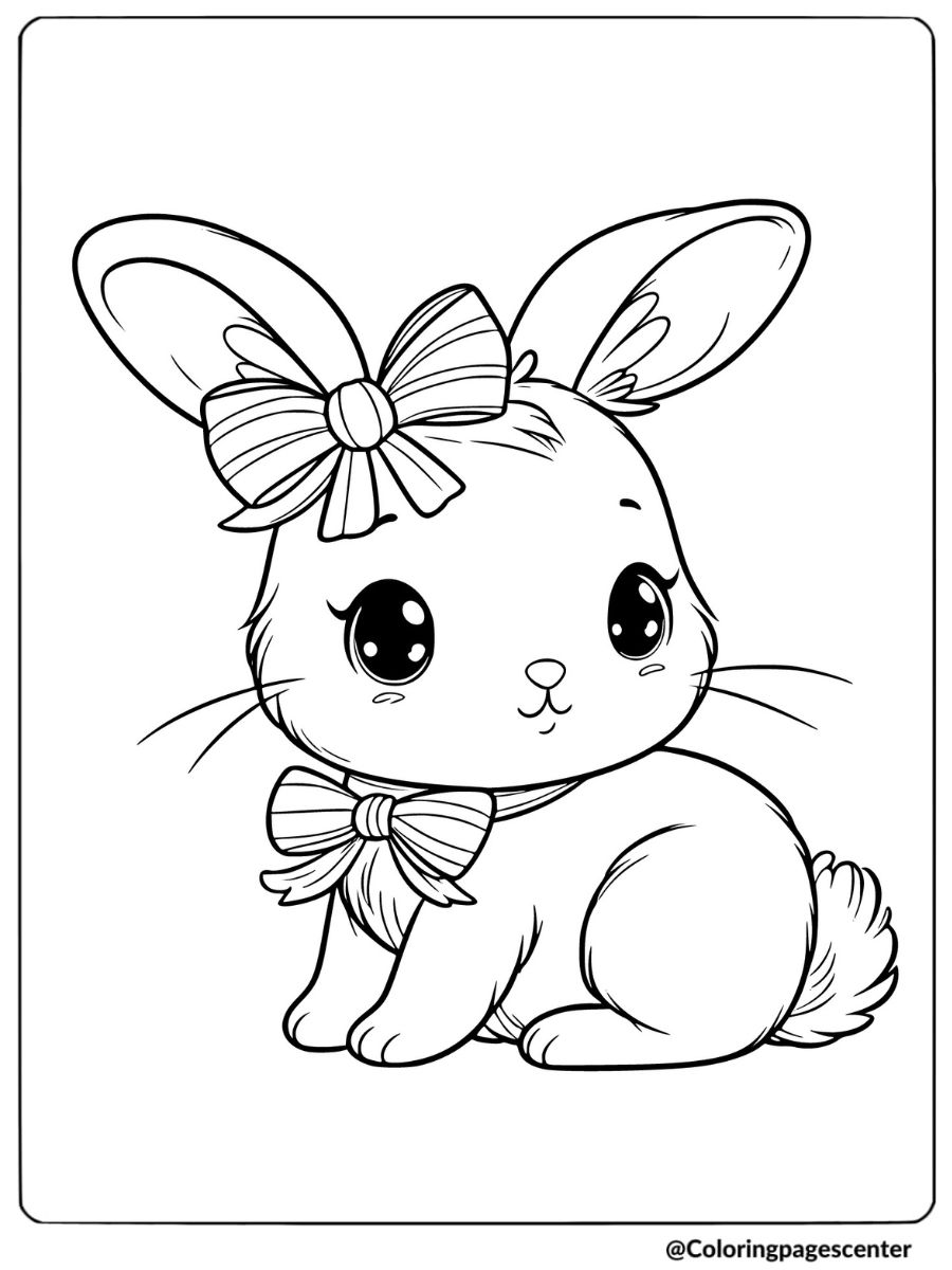 Adorable bunny wearing a large bow on its head coloring page