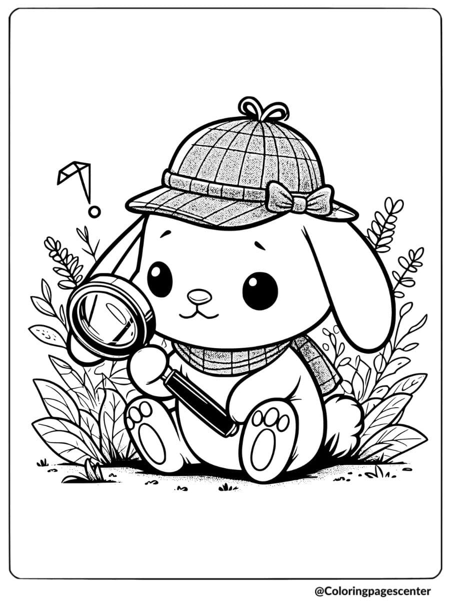 Curious bunny investigating with a magnifying glass coloring page