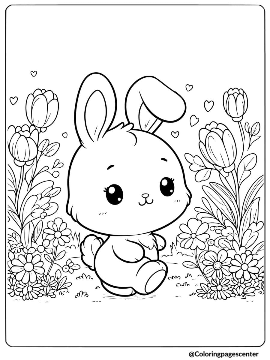 Cute rabbit in a flower garden coloring page