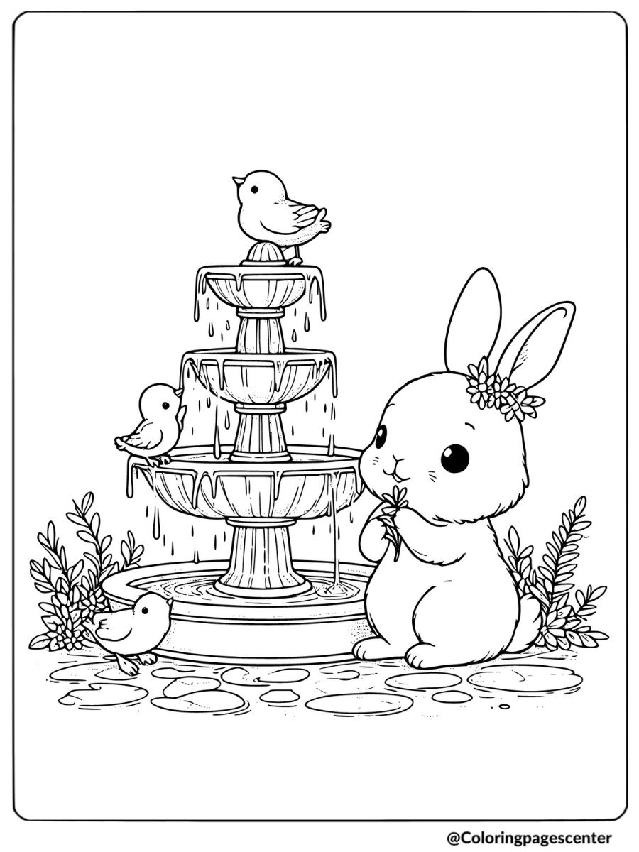 Rabbit watching birds at the fountain coloring page