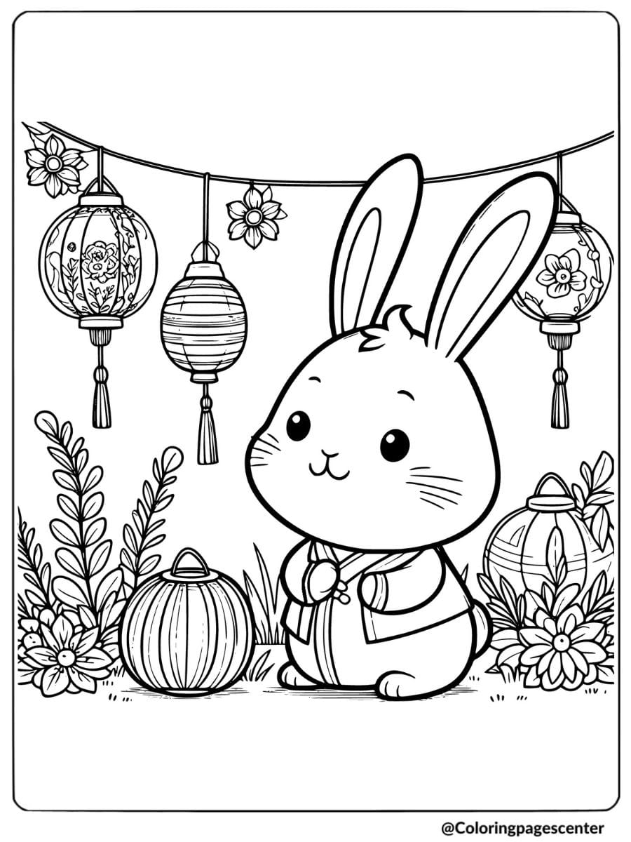 Lantern festival with rabbit coloring page