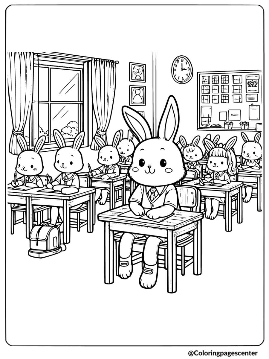 Rabbit classroom with student rabbits coloring page