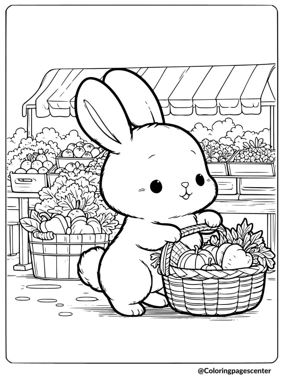 Cute rabbit at vegetable market coloring page