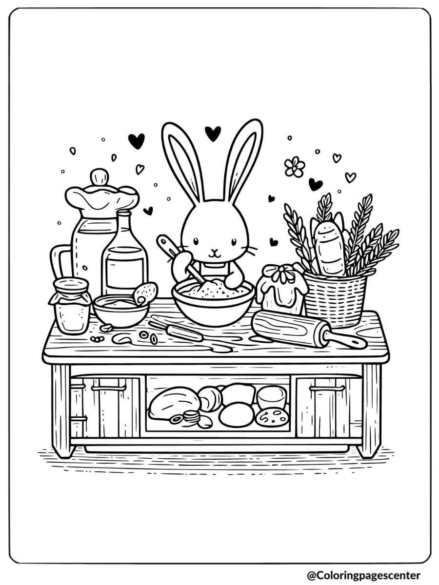 Bunny preparing food with cooking tools coloring page