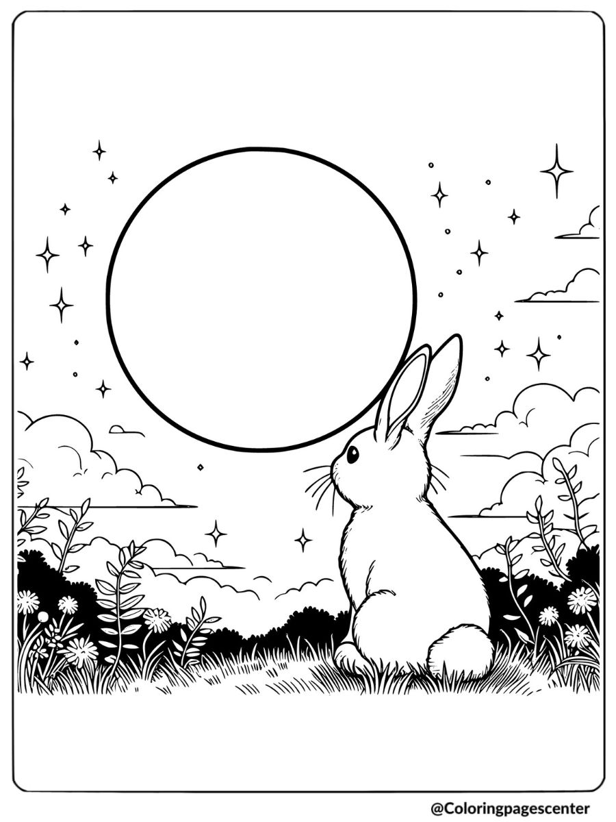 Rabbit looking at full moon coloring page