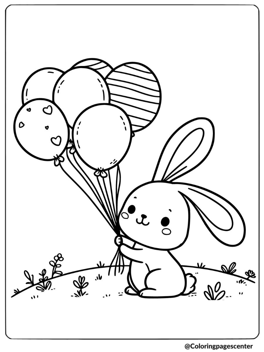 Rabbit with balloons in meadow coloring page