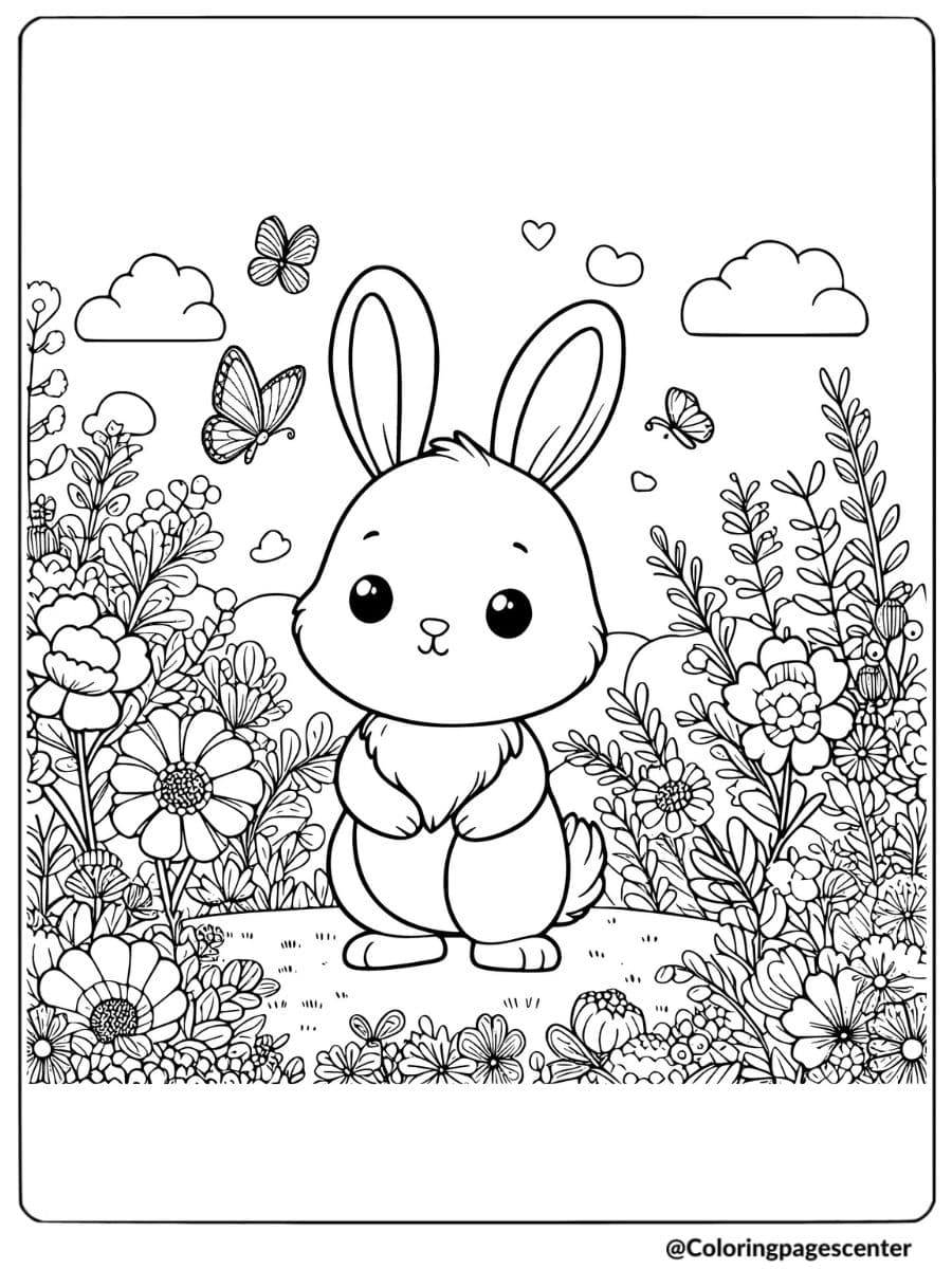 Bunny surrounded by flowers and butterflies coloring page