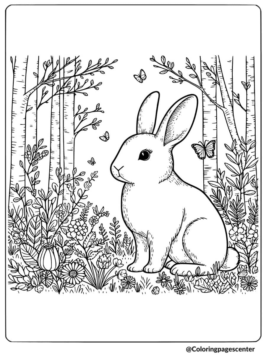 Bunny surrounded by trees and flowers coloring page