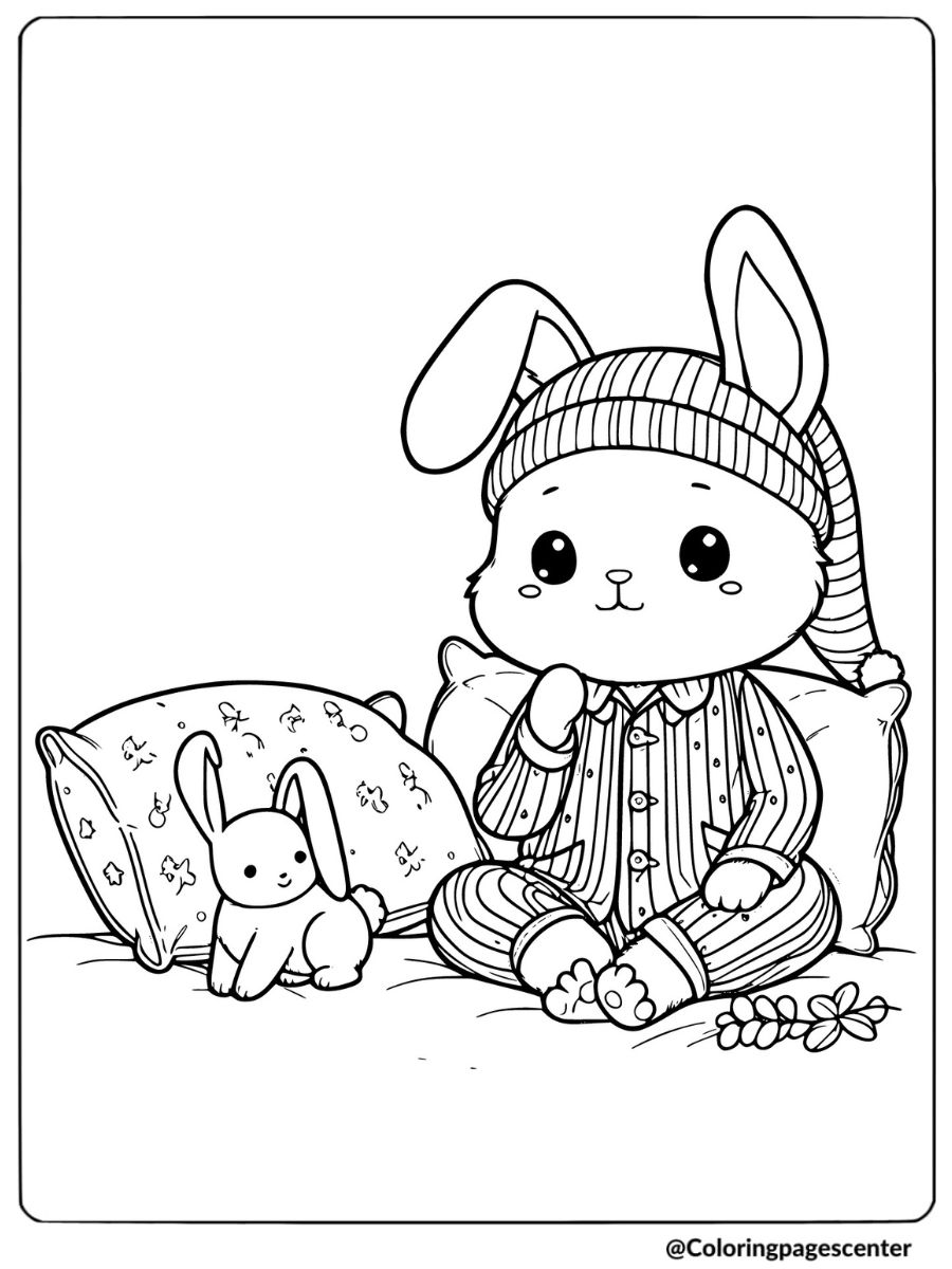 Rabbit in pajamas with stuffed toy coloring page